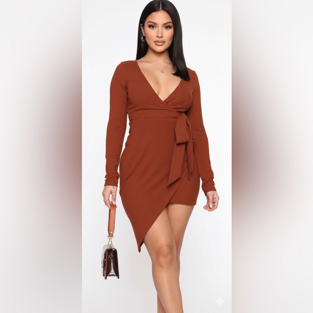 Knot Tied Down Mini Dress Rust M